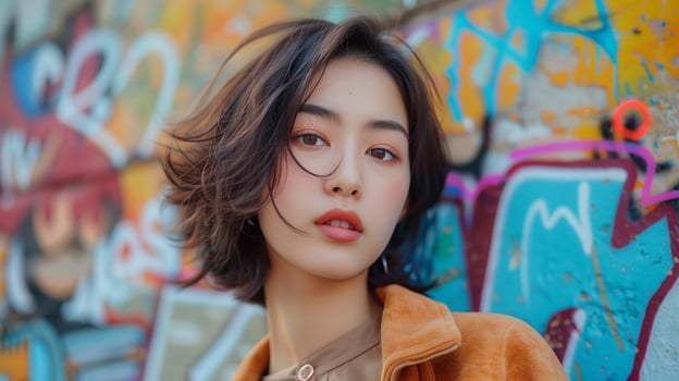 Asian girl with a chic short hairstyle. The girl's hair is cropped neatly, accentuating her facial features photo