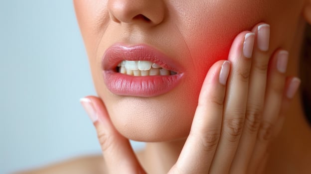 A woman holds her cheek while suffering from a toothache, depicting the discomfort and pain experienced during dental issues, emphasizing the need for oral health care and treatment photo