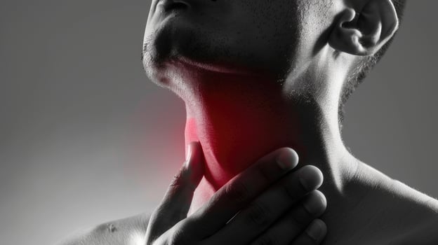Person is experiencing a sore throat, depicting the discomfort and irritation of a throat ailment, medical attention for soothing relief and recovery, discomfort, colds disease virus bacteria photo