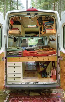 Van-dwelling vanlife, embracing freedom of life on road, exploring world from comfort of a cozy van, experiencing adventure, nature, and community while living a minimalist and sustainable lifestyle. photo