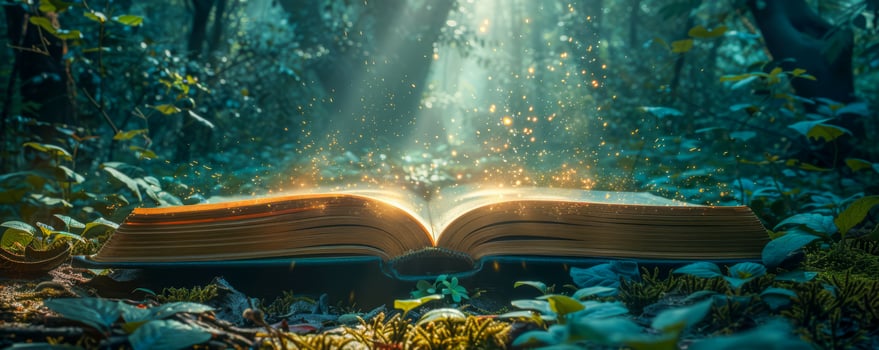 Enchanted Open Book Radiating Magical Golden Light in Fores photo