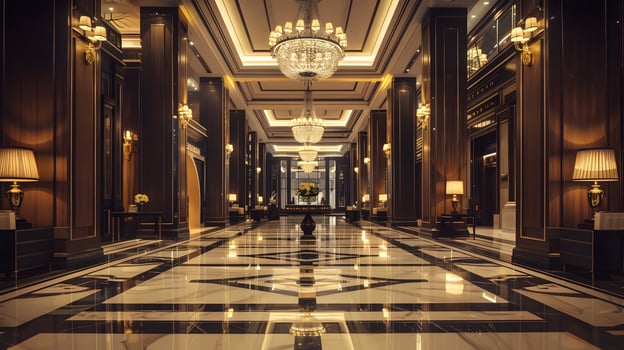 Luxurious and Ornate Marble Hallway in a Prestigious Palace or Mansion with Glittering Chandeliers and Symmetrical Patterns photo