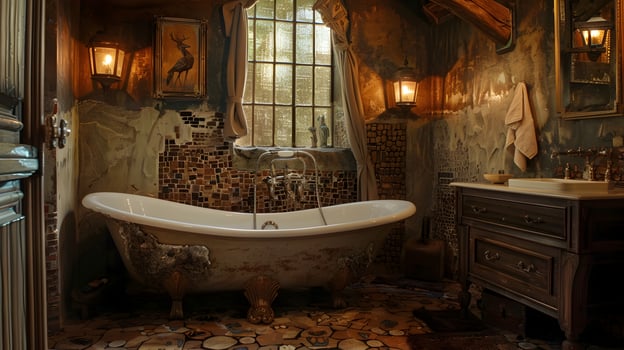 Rustic and Luxurious Cabin Bathroom with Antique Decor and Warm Lighting photo