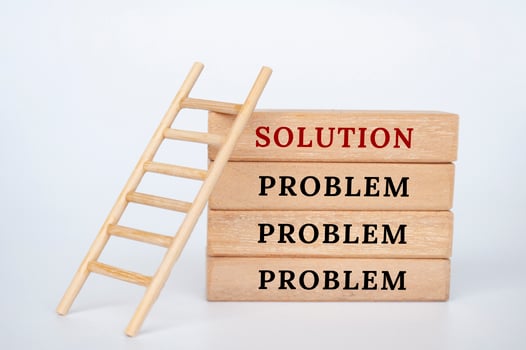 Wooden block with text, problem and solutions. Solutions to problems concept photo