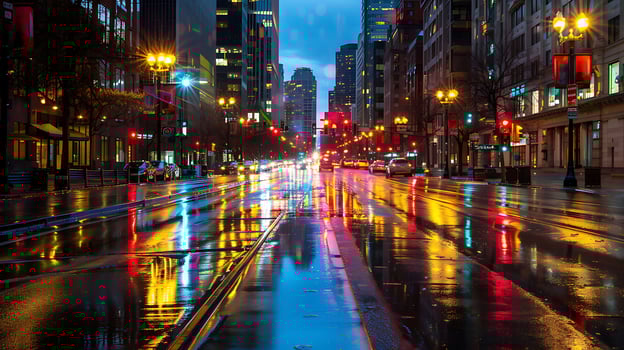 City Lights Reflecting On Rainy Street photo