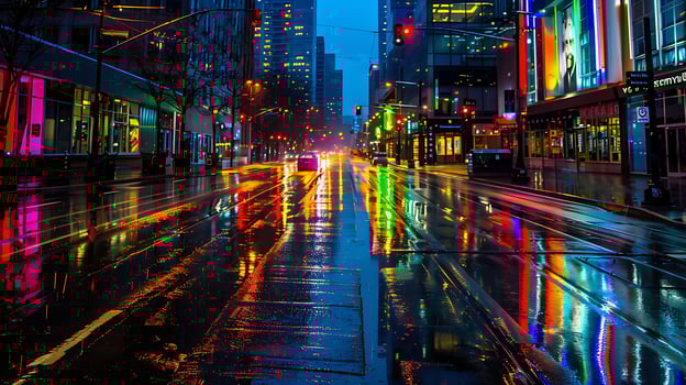 City Lights Reflecting On Rainy Street photo