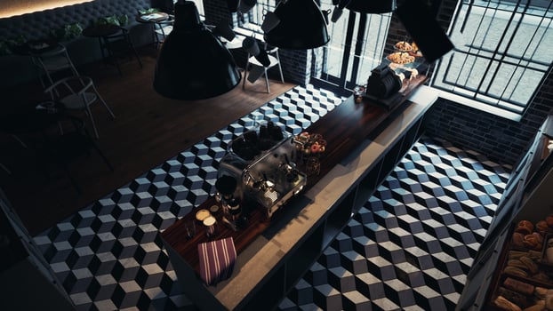 Modern Cafe With Checkered Floor and Long Table photo