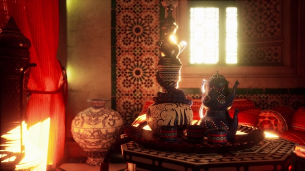 A room with a table and vases on it photo