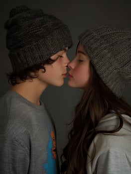 Young couple sharing a tender kiss, wearing knitted hats photo