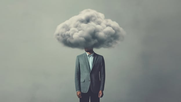 Surreal portrait of a man in a suit with a cloud for a head, depicting concepts of thought, stress, and creativity. photo