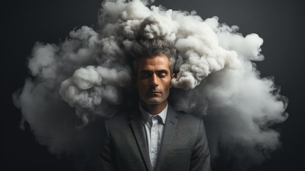 Man in suit with eyes closed, enveloped by swirling clouds of smoke, symbolizing deep thought or mental strain. photo
