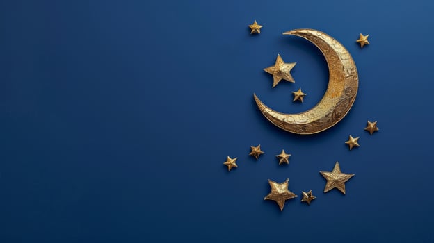 Golden crescent moon with stars on blue background. Ramadan Kareem concept. photo