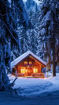 Snow-Covered Cabin Illuminated at Dusk in a Serene Winter Forest photo
