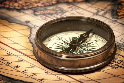 Old vintage compass on ancient map photo