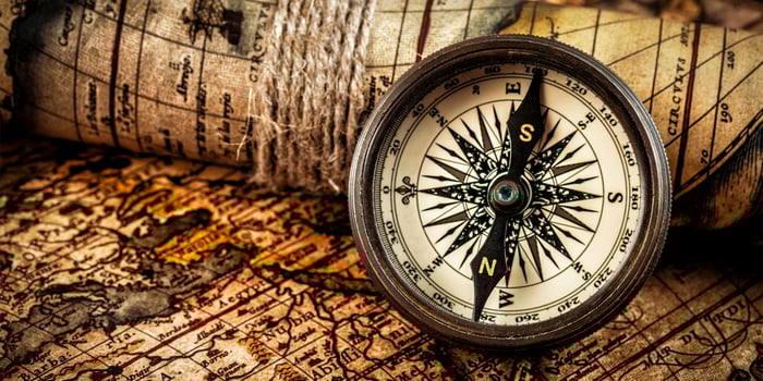 Old vintage compass on ancient map photo