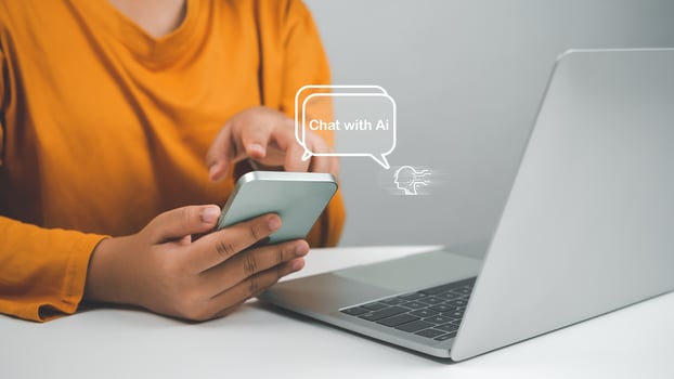 Woman hand use show a smartphone to type live chat, ask, answer with an artificial intelligence system. chatbot. Ai assistant. photo