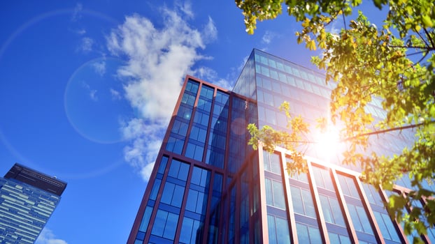 Eco building in modern city concept. Modern office building with the fresh green leaves. photo