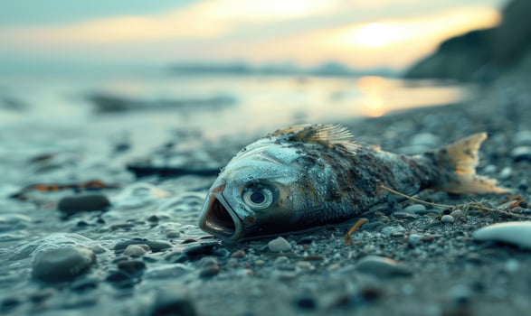 Dead fish washed ashore on a polluted beach, environment and ecological problems photo