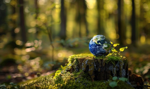 Earth globe perched on a mossy tree stump at the edge of a forest stream photo