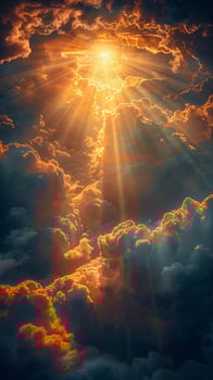 Sunbeams breaking through dark clouds after a storm photo