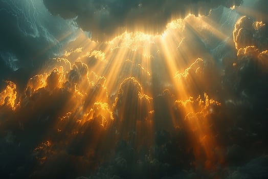 Sunbeams breaking through dark clouds after a storm photo
