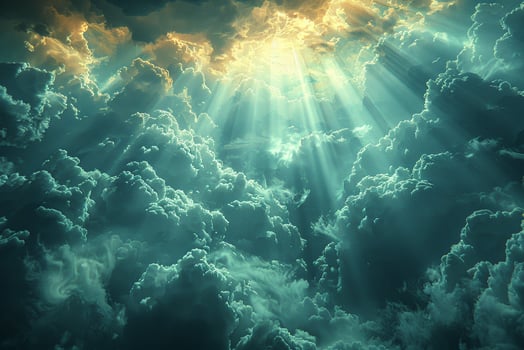 Sunbeams breaking through dark clouds after a storm photo