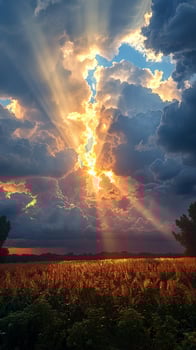 Sunbeams through heavy rain clouds photo
