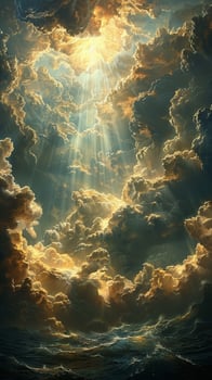 Sunbeams through heavy rain clouds photo