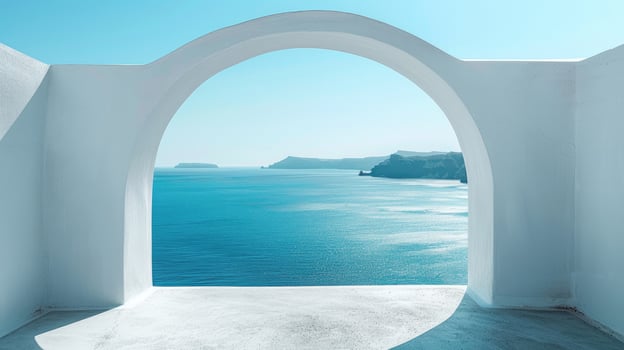 View of the sea from the house through the arch, Santorini island, Greece. photo