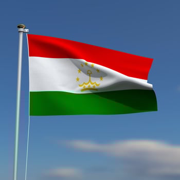 Tajikistan Flag is waving in front of a blue sky with blurred clouds in the background photo