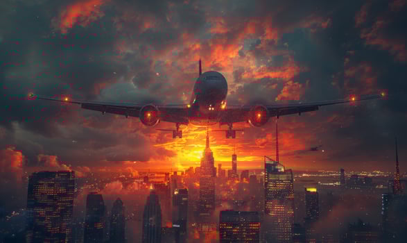 Airplane flying over the city at sunset photo