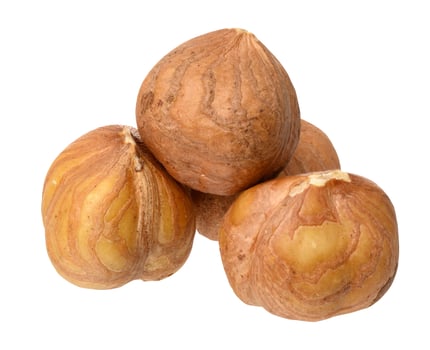 Three hazelnuts on isolated background photo