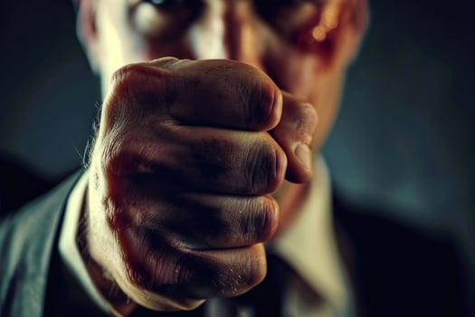 A man in a suit is punching the air photo