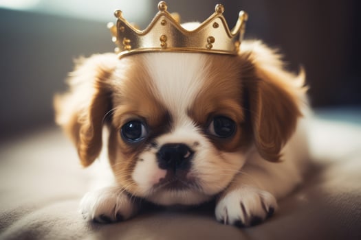 Portrait of little cute fluffy puppy wearing golden crown on her head, laying on the bed. Fashion beauty for pets. Royal pleasure. photo