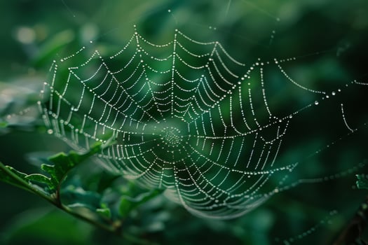 Dewdrops on Spider Web in Lush Greenery photo