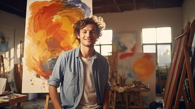 Young smiling Caucasian man artist next to his artwork in art studio. Concept of artistic talent, fine arts, creative process, interesting hobby, exciting leisure time, oil painting photo