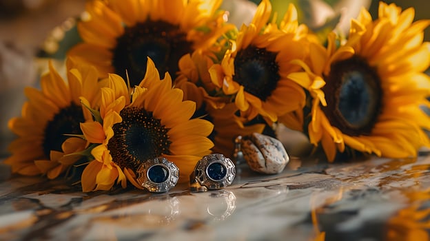 Elegant Contrast of Sunflowers Cufflinks and Marble Surfaces photo