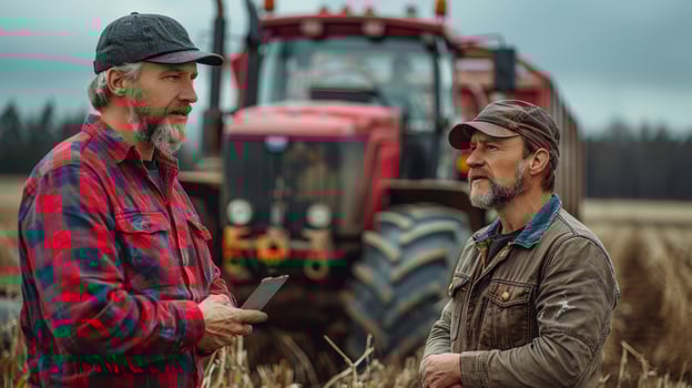 Agronomist and Salesman Discussing Over Tractor in Farmland photo