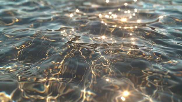 Closeup of transparent water surface with ripples and reflections, featuring silver veins, in the style of realistic. photo