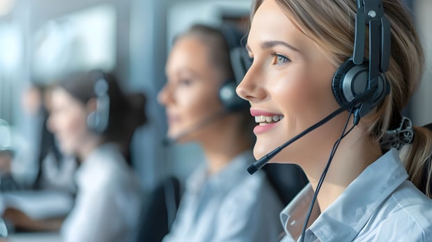 Diverse team of young professionals is working in the phone support office. Attractive female customer service agent with headset working in call center. photo