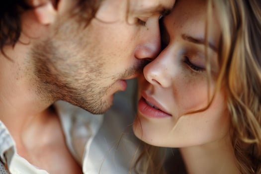 young couple sharing intimate moment together photo