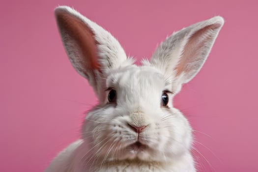 Close-up of a white fluffy rabbit on a pink pastel background. Easter bunny for Easter. photo