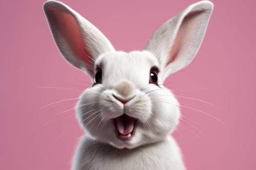 Close-up of a white fluffy rabbit on a pink pastel background. Easter bunny for Easter. photo