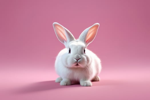 Close-up of a white fluffy rabbit on a pink pastel background. Easter bunny for Easter. photo