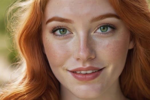 Portrait of a beautiful cheerful redhead girl with green eyes and flowing curly hair, smiling and laughing, looking at the camera. photo