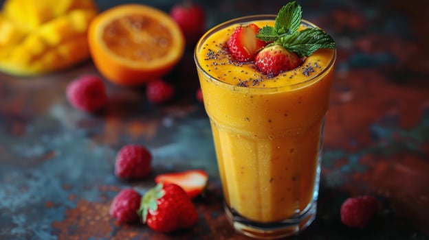 Fresh Strawberry and Orange Smoothie on Table photo