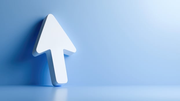 Large 3D Arrow Pointing Up and Leaning on a Wall, Light and Shadow, Growth with Copy Space, 3D render photo