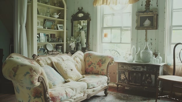 Cozy and Elegant Vintage-Inspired Living Room with Antique Decor and Homely Ambiance photo