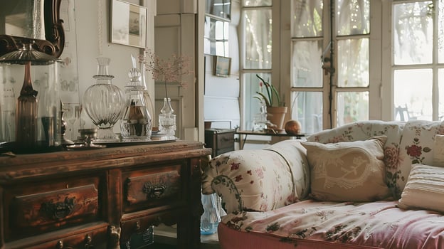 Cozy and Charming Vintage-Inspired Bedroom with Floral Accents and Warm Lighting photo