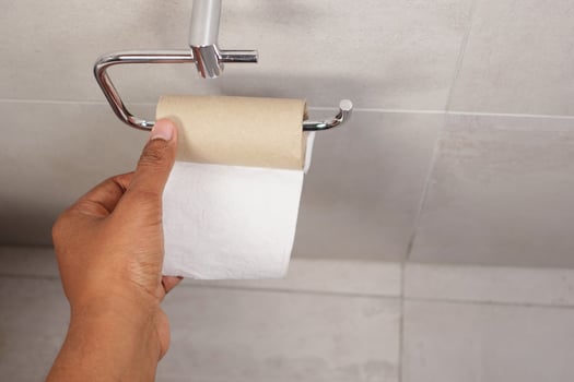 Hand pulling toilet paper roll in holder photo